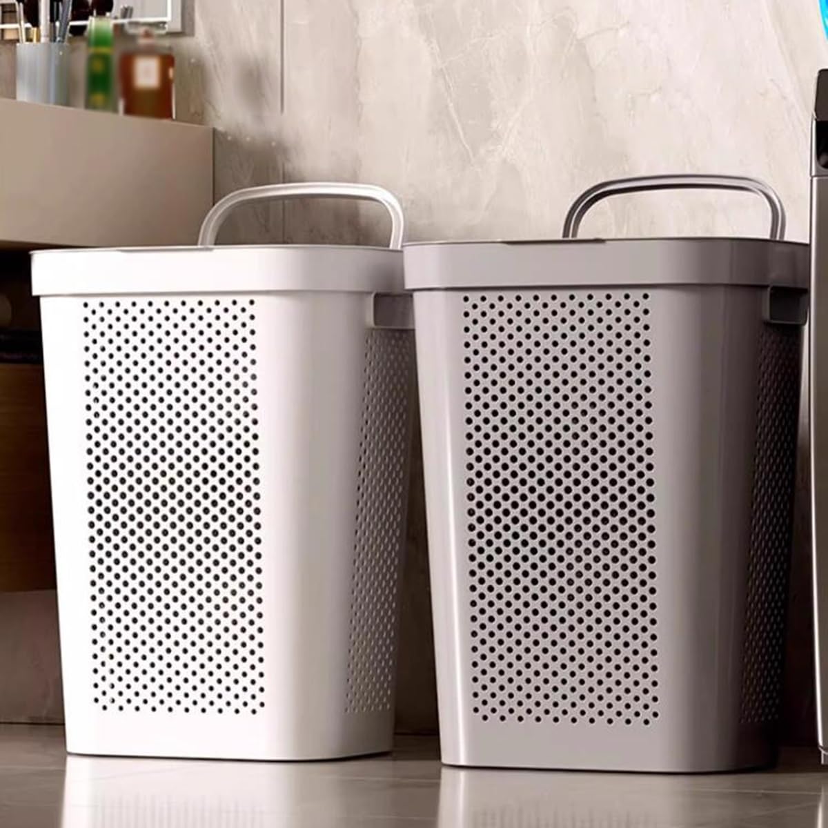 GIZNXBA Wäschesammler Mit Rollen Und Deckel, Wäschekorb Plastik, Wäschewagen Schmal Schmutzwäschekorb Mit 2 Hängekörben Für Bad, Schlafzimmer, Waschküche(/Gray)