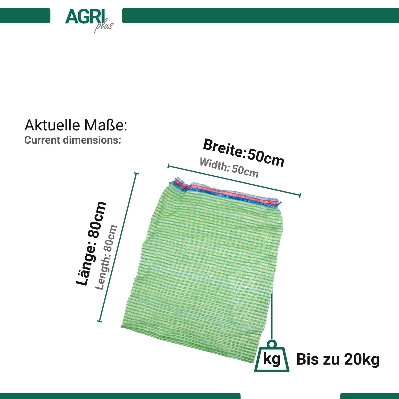 AGRI plus 100 Stück Gemüsesäcke grün mit Zugband I 50 x 80 cm I verschiedene Größen I Grobmaschige Raschelsäcke mit 20 kg Volumen I Aufbewahrungssäcke für Weißkohl, Rosenkohl & Obst