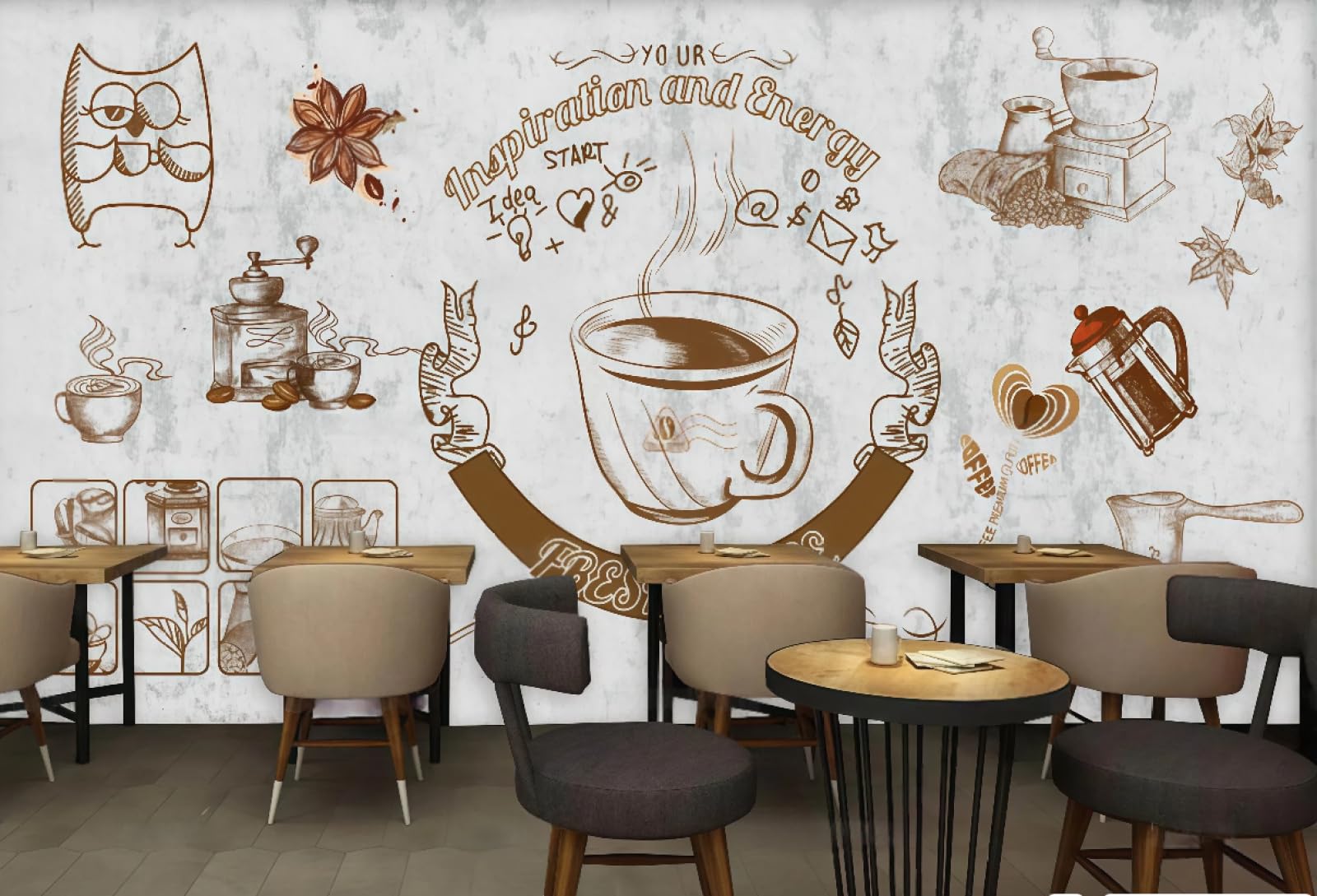 XDOUBAO Wallpaper Retro Cement Wall Hand-Painted Drinks Coffee Theme Dessert Shop Afternoon Tea Western Restaurant Background Wall Wallpaper Coffee Shop Mural,3D,400x280cm