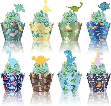 48 Pieces Dinosaur Cupcake Toppers and Wrappers, Baby Cute Dino for Boys Girls Kids Birthday Party Baby Shower Jurassic Park Themed Party Cake Decorations Supplies