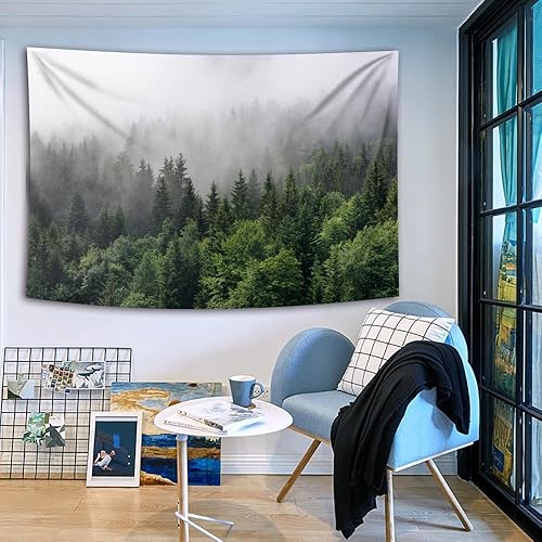 Simsant RGTMYSI009 - Tapiz de bosque para colgar en la pared, bosque brumoso, montaña, crepúsculo, paisaje de bosque gris y verde, para dormitorio,