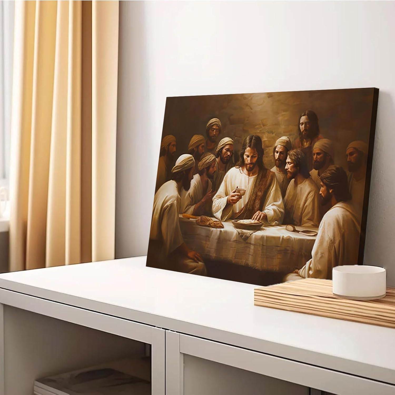 The Last Supper Canvas Wall Art Christian Wall Decor Pictures Jesus Print Artwork Religious Beliefs Bible Painting for Church Restaurant Gallery Decoration 24x16in With frame