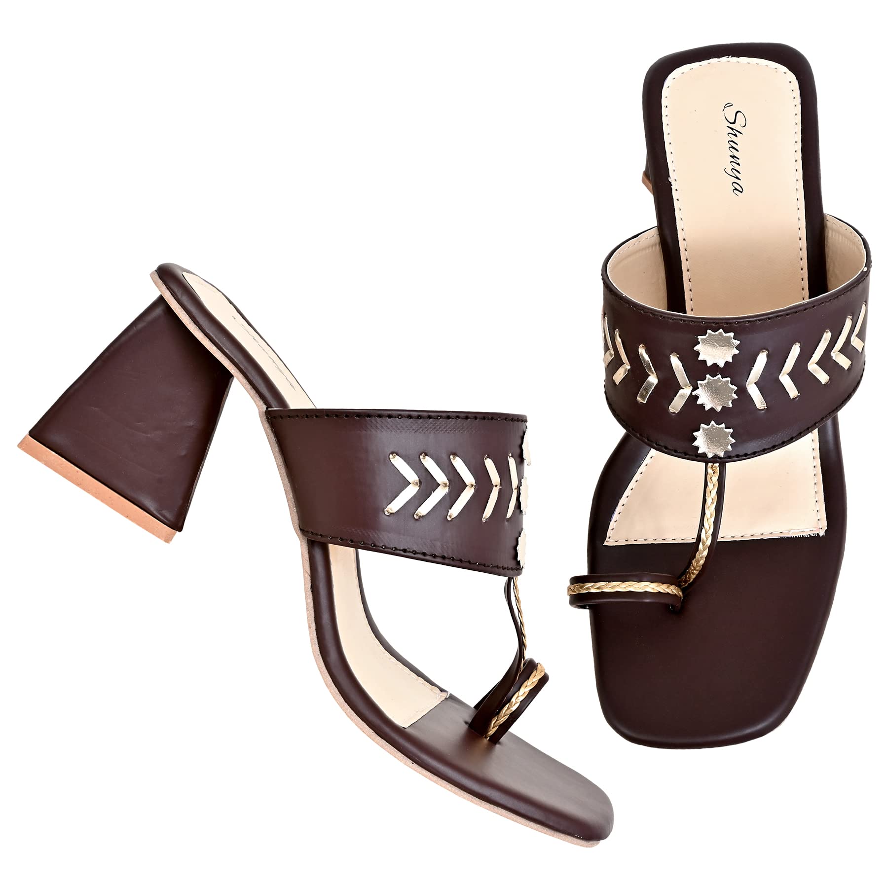 Shunya Womens Comfortable Brown Kolhapuri Triangle Block Heels Sandals for festivals and wedding Occasions (B0C395KPMM) Amazon Price History, Amazon Price Tracker
