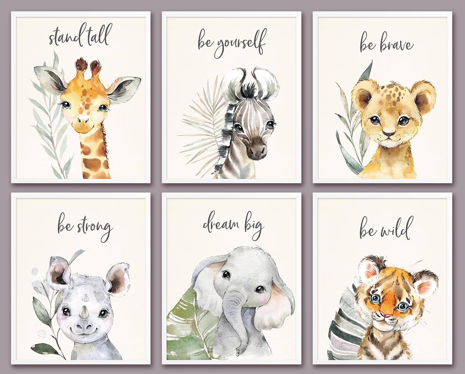 6 PCS Cartoon Animals Wall Art Nursery Decor Cute Elephant Giraffe Leopard Zebra Tiger Inspirational Wall Decor Unframed Posters Nursery Print Paintings Artwork for Home Bedroom Living Room 8x10 In