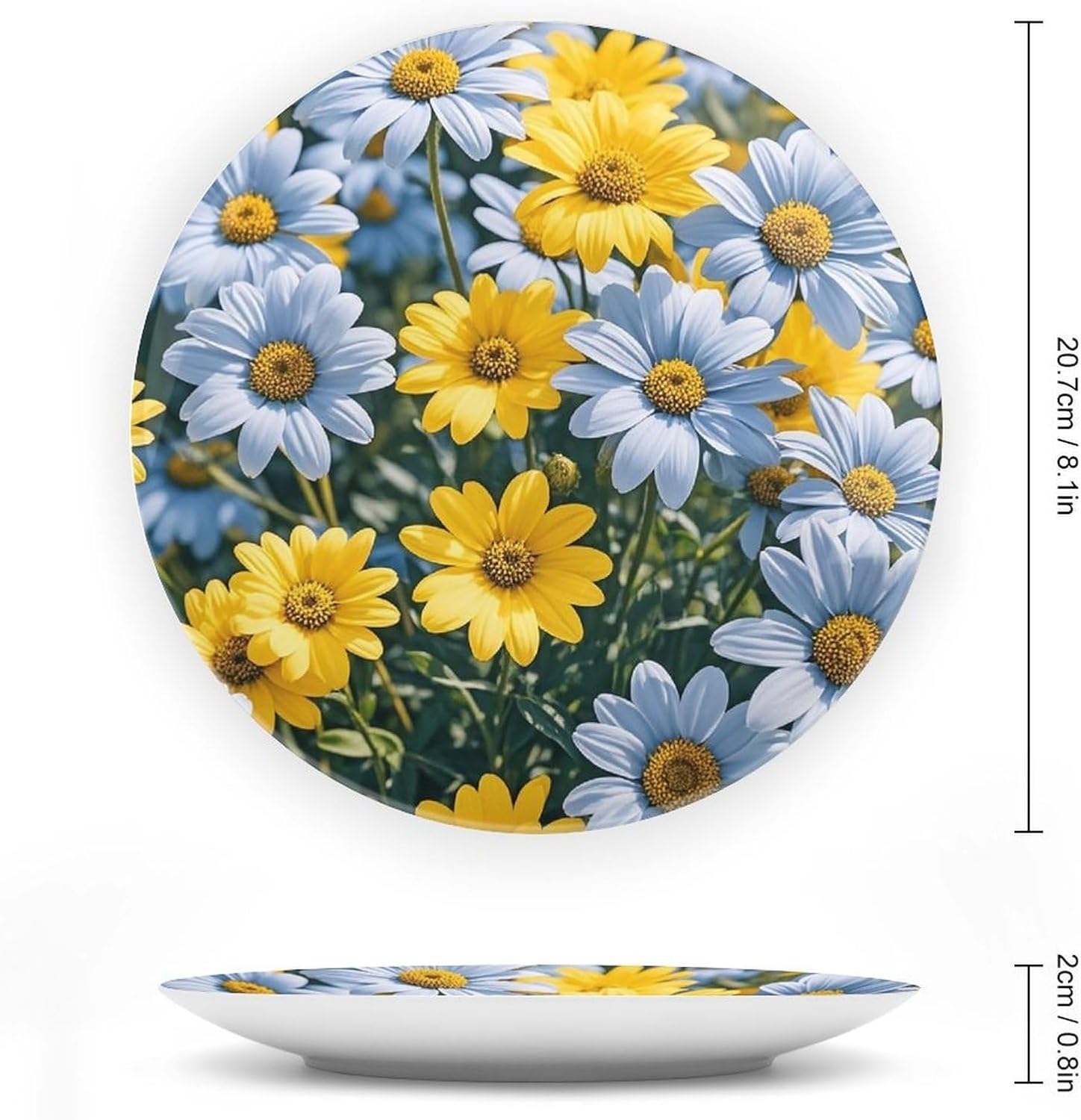 Blue And Yellow Flowers Decorative Ceramic Plate Round Porcelain Plate Decor Personalized Bone China Decorative Plates Ceramic Ornaments Dessert Plates with Display Stand 8inch