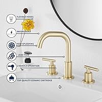 Vista 5 de GGStudy Caño giratorio de 360°, 2 asas, 3 agujeros, 8 pulgadas, grifo de lavabo de baño de oro cepillado a juego con drenaje desplegable