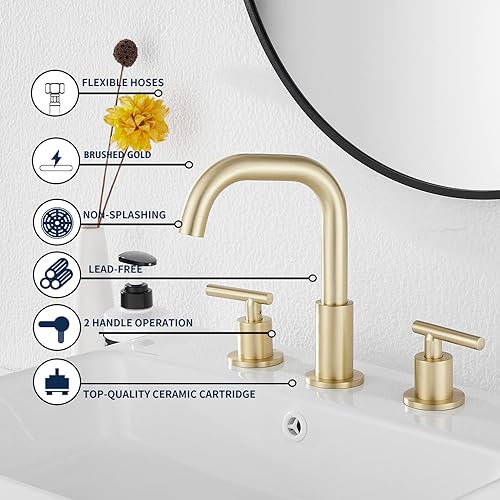 Miniatura 5 de GGStudy Caño giratorio de 360, 2 asas, 3 agujeros, 8 pulgadas, grifo de lavabo de baño de oro cepillado a juego con drenaje desplegable