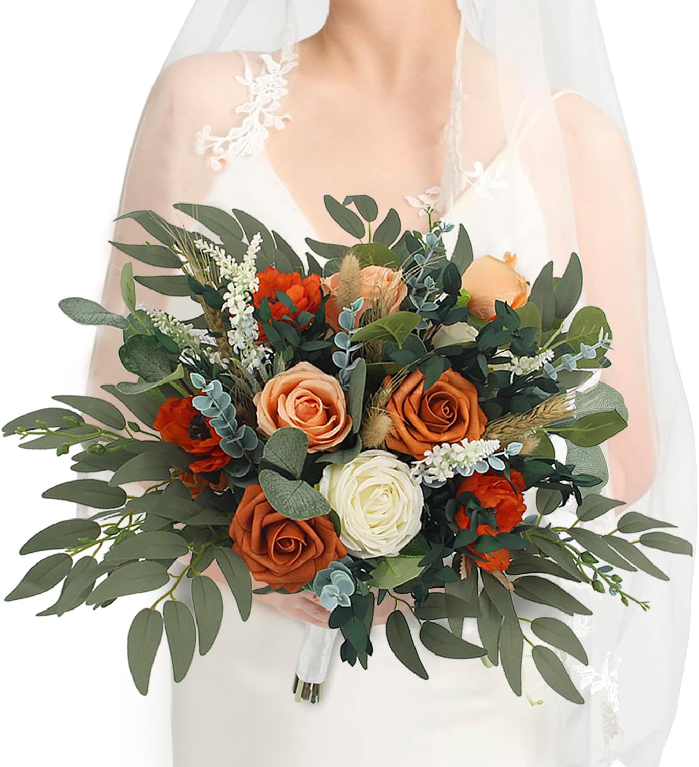 Rinlong 15.7 Inch Fall Bouquets for Bride - Burnt Orange Bridal Bouquet - Artificial Silk Flowers Wedding Bouquet
