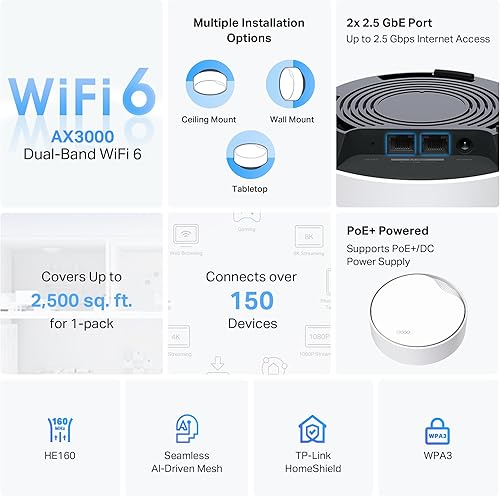 Miniatura 3 de TP-Link Deco AX3000 PoE Mesh WiFi (Deco X50-PoE), malla WiFi 6 para montaje en techopared, reemplazo del enrutador WiFi, punto de acceso y extensor