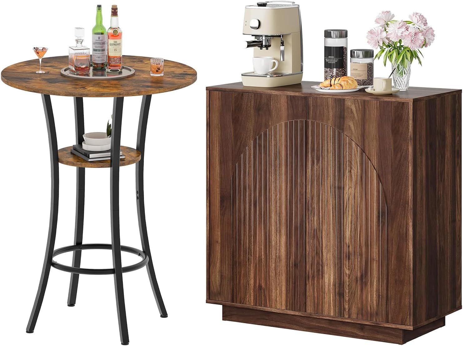 Round Bar Table and Buffet Cabinet Bundle, 2-Tier High Top & Counter Height Dining Table and Sideboard Buffet Cabinet with Storage, for Kitchen, Dining Room TBT03BF-MCB01HT