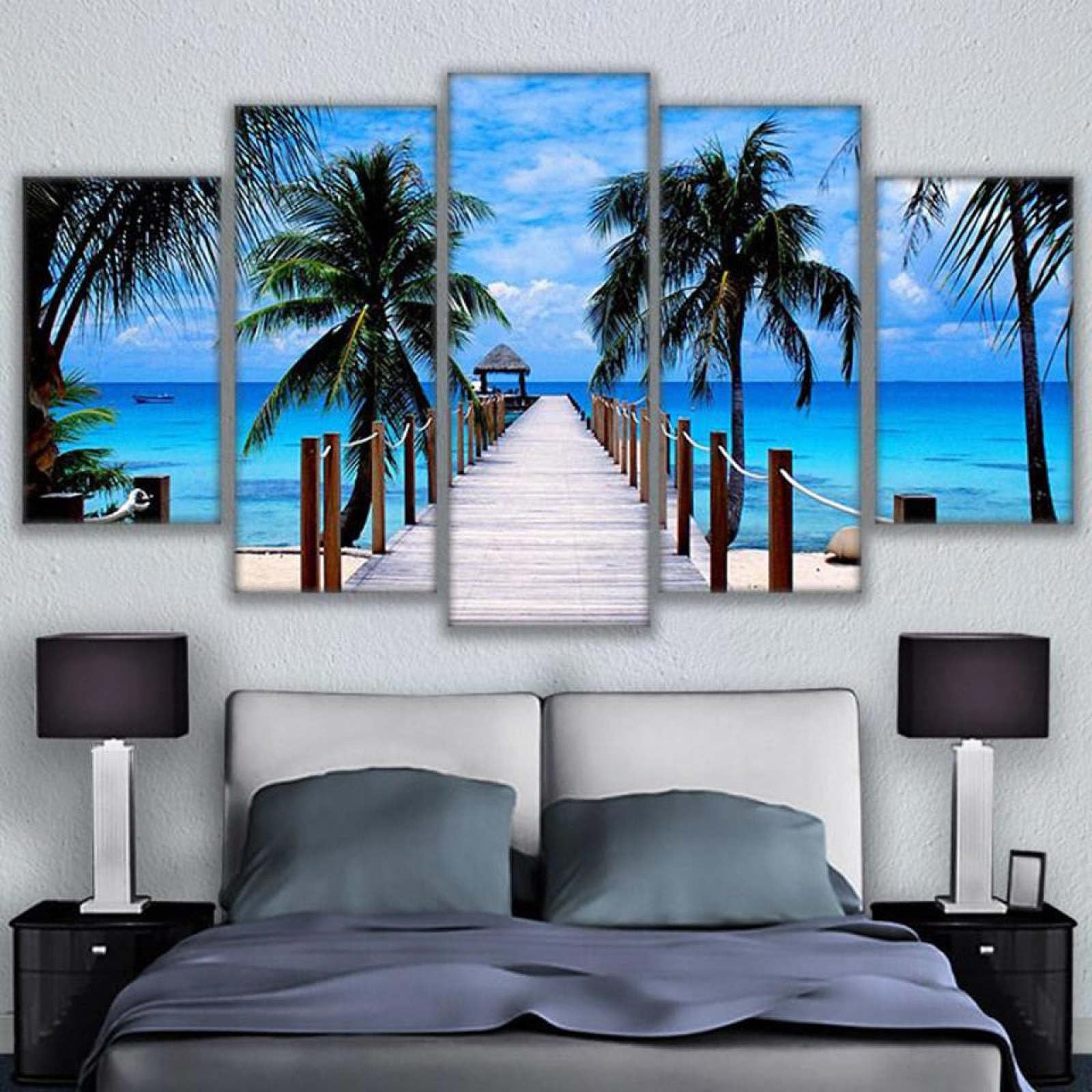 Cuadros Decoracion Salon Modernos 5 Piezas Lienzo Grandes Murales Pared Hogar Pasillo Decor Arte Pared Cuadro Bali Océano Mar Azul Tropical Palmera Playa & Nubes HD Posters Para Pared Innovador Regalo