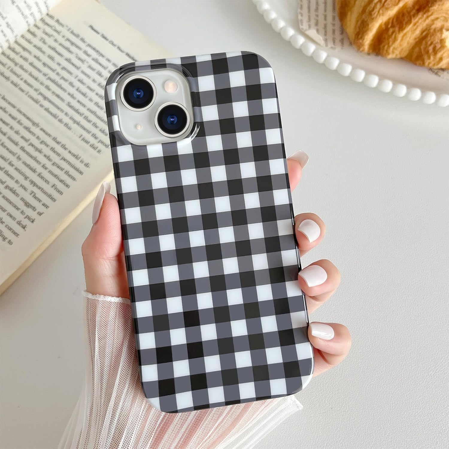 Skyseaco for iPhone 15 Case Cute Aesthetic Gingham Phone Case Soft Slim TPU Shockproof Phone Cover for Women Girls - Black - Image 3