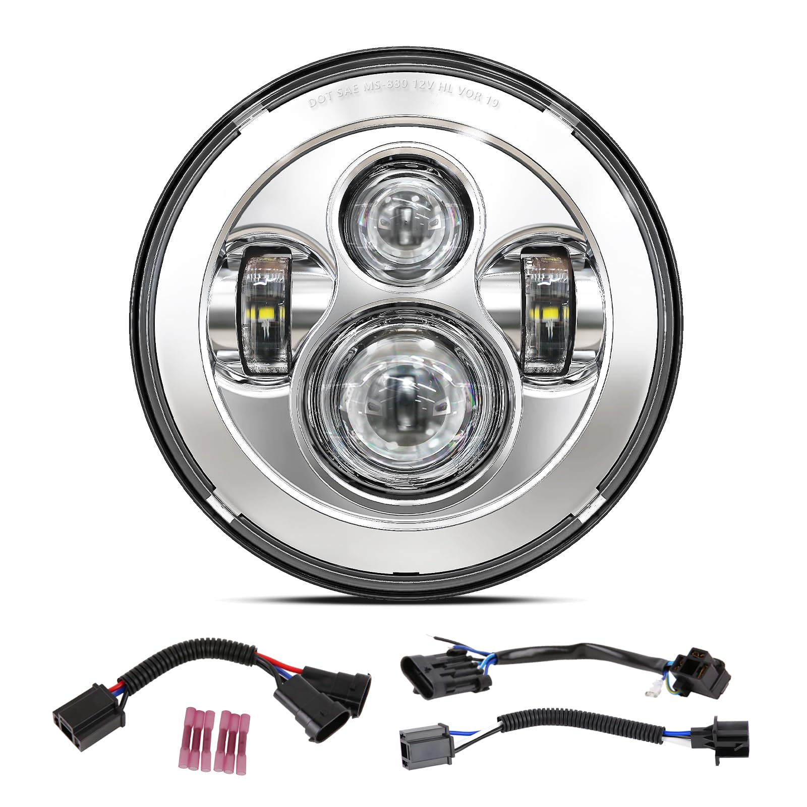 BICYACO DOT 7 Inch Motorcycle LED Headlight Headlamp Compatible with Harley Davidson Electra Glide Street Glide Fat Boy Road King Heritage Softail Switchback Chrome