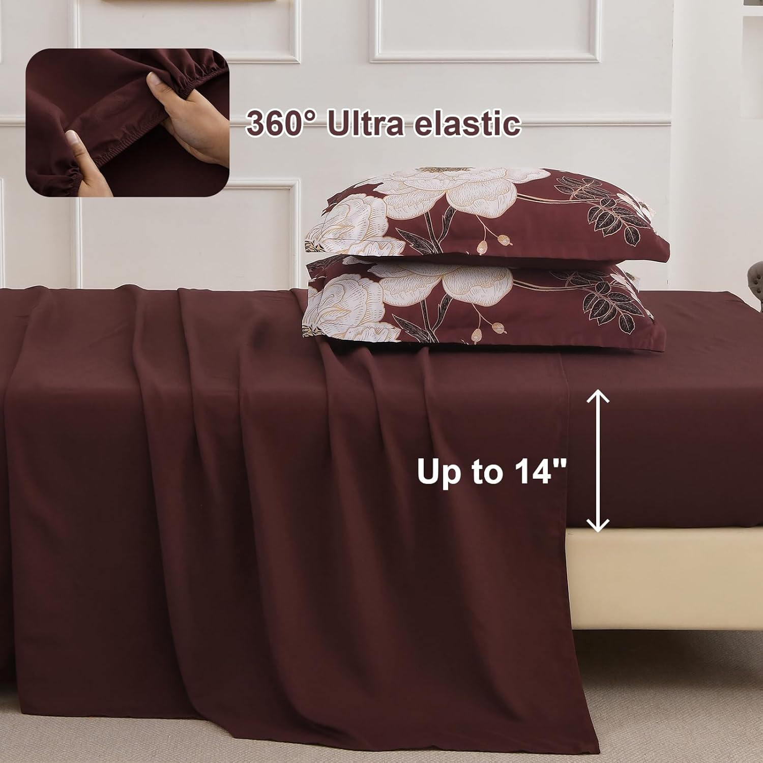 Luxudecor Burgundy Floral Queen Comforter Set 7 Pieces Bed in a Bag,Beige Flower Print on Burgundy Bedding Set,Soft Reversible Comforter with Sheets 90"x90"