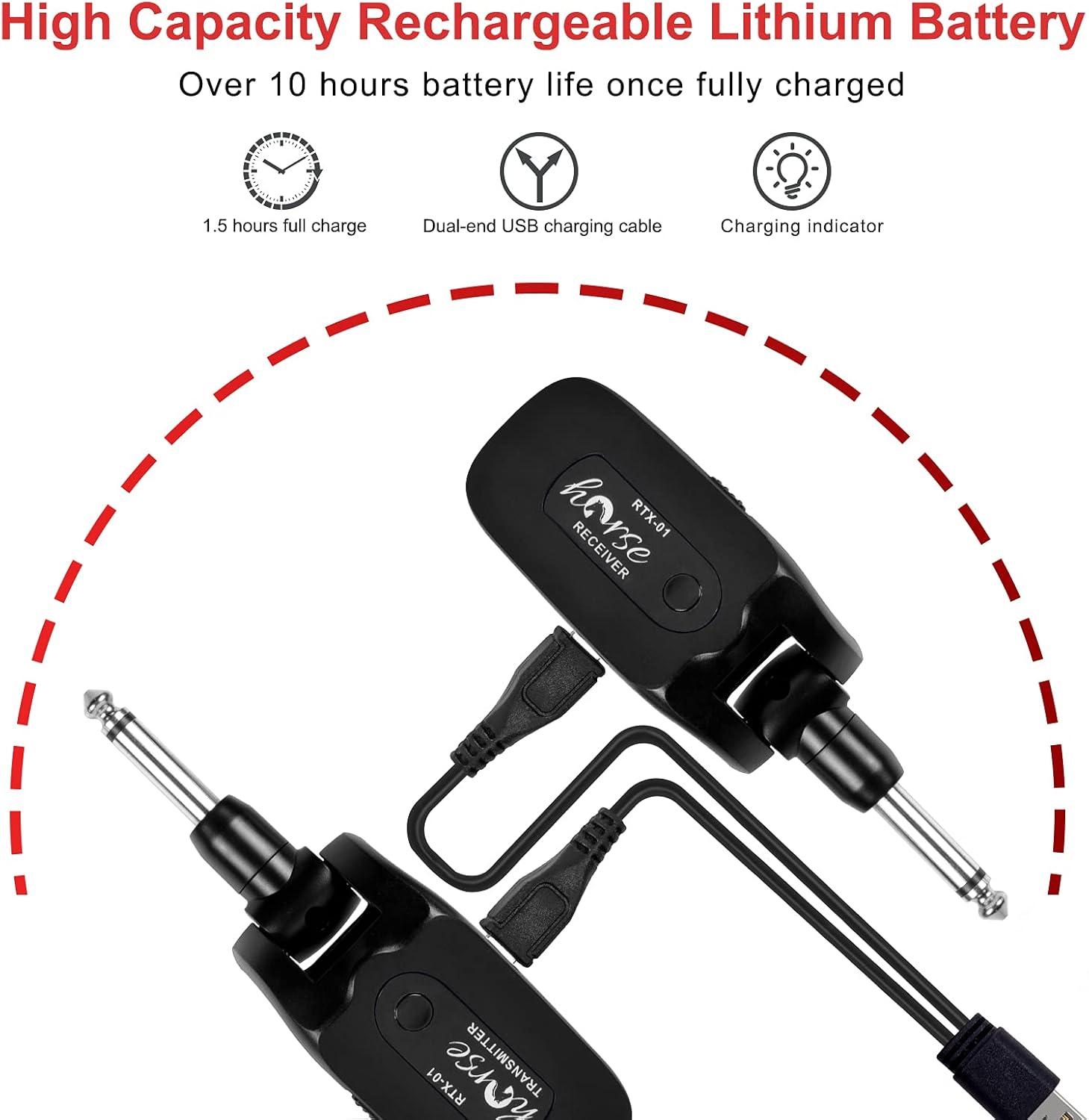 Wireless Guitar System, Horse 2.4GHZ Guitar Transmitter Receiver Set Built-in Rechargeable Lithium Battery Digital for Electric Guitar Bass : Musical Instruments
