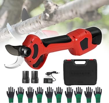 Electric Garden Pruner with Ergonomic Handle, 16.8V Battery Pruning Shears with Movable Blade and Fixed Blade, Professional Branch Shears for Orchards Farm with 12 Gloves