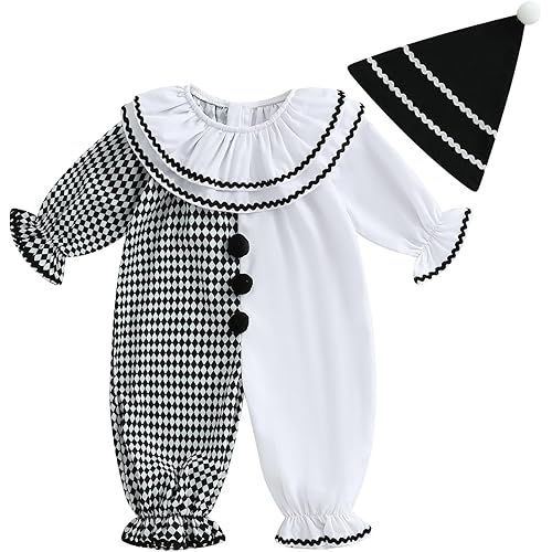Tempura Toddler Baby Clown Romper Contrast Color Long Sleeve Jumpsuit and Hat 2 Pcs Halloween Clothes Set