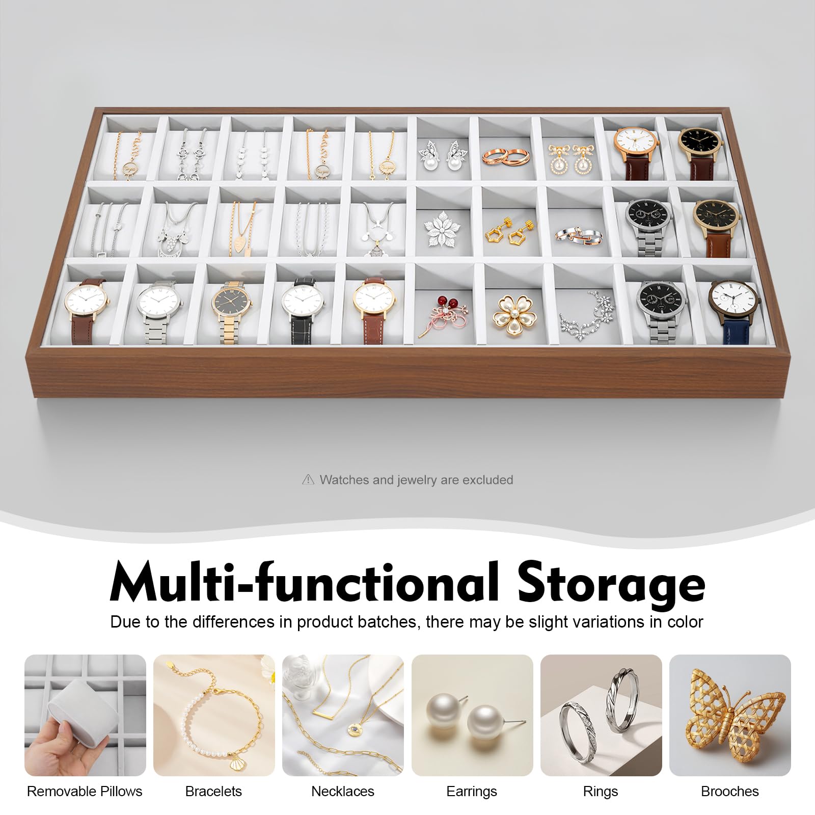 Madelynn Caja para relojes con 30 compartimentos, caja de 53,5 x 29,2 cm, organizador de MDF, caja de reloj con cojín suave, para relojes y joyas, regalo para coleccionistas