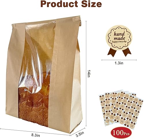 Miniatura 4 de Bewinnd Paquete de 90 bolsas de pan grandes de papel kraft para pan casero, 14 x 8.3 x 3.5 pulgadas, bolsa de pan de masa madre con bloqueo de