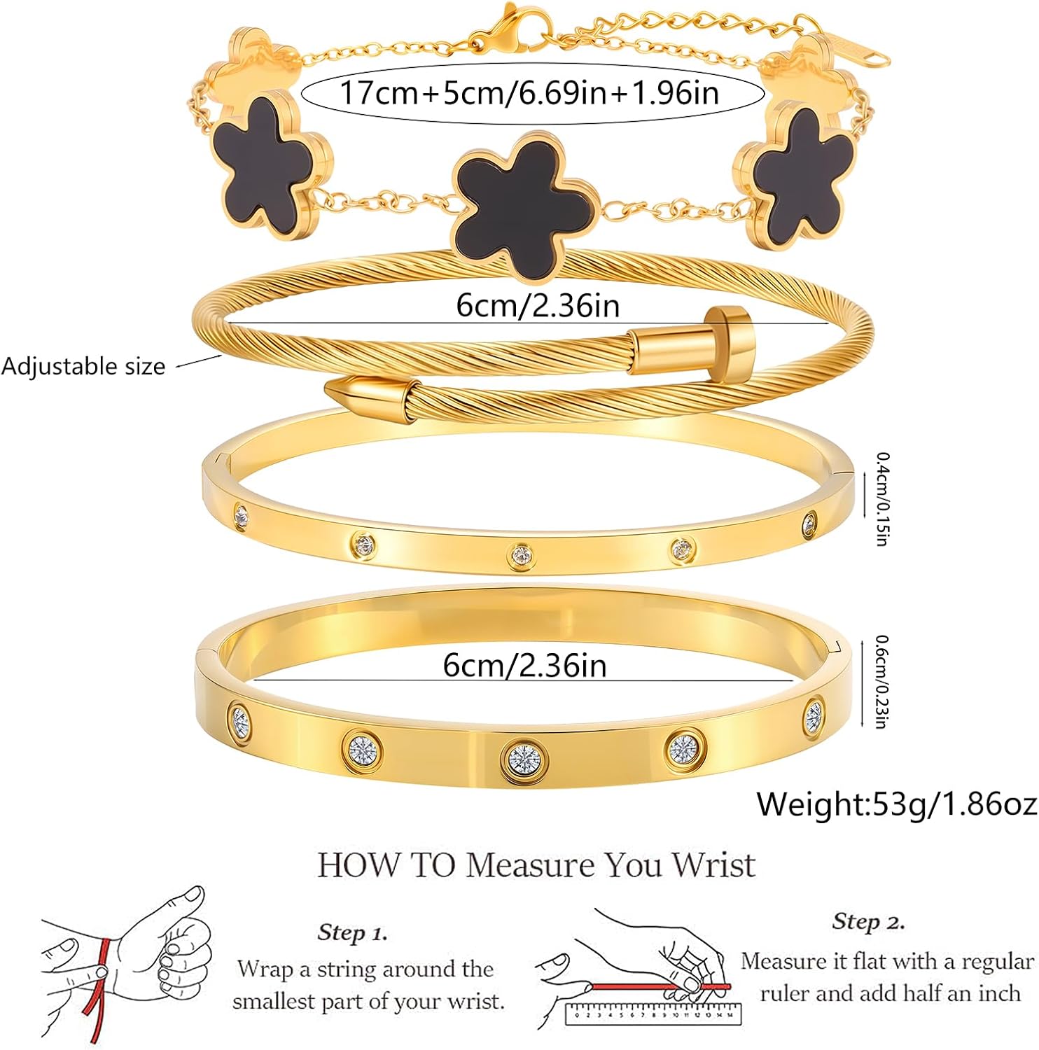 18K Gold Bracelets for Women - Stackable Clover & Nail Love Bangle Set - Non-Tarnish Jewelry Gift for Birthday Valentine's, Mother's Day & Christmas - Image 6