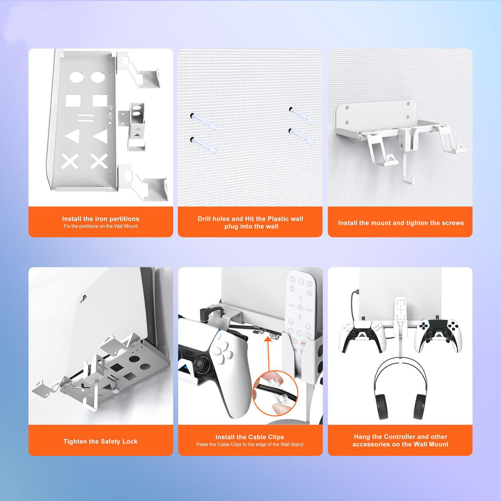 Kit de montaje en pared PS5, juego de estante de soporte de pared para PS5 con soporte para controlador, colgador de auriculares y soporte remoto, para disco PS 5/digital, Black, moda