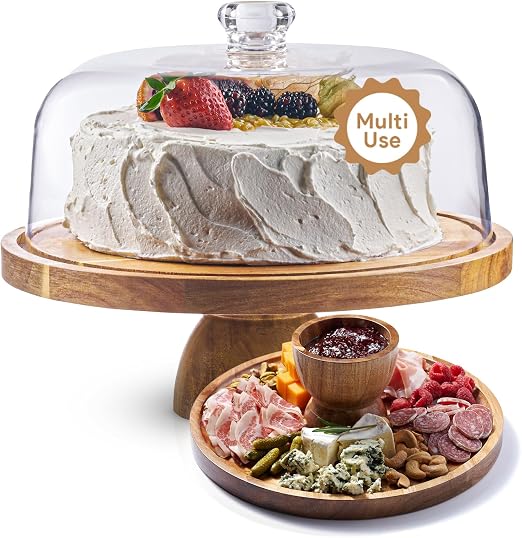 Acacia Wood Cake Stand with Lid - Cake Stand with Dome,12in Round Cake Holder, 2-in-1 Dessert Table Display Set & Charcuterie Board for Cheese, Chips & Dips, Fruit Platter, Large Acrylic Cake Dome Cover
