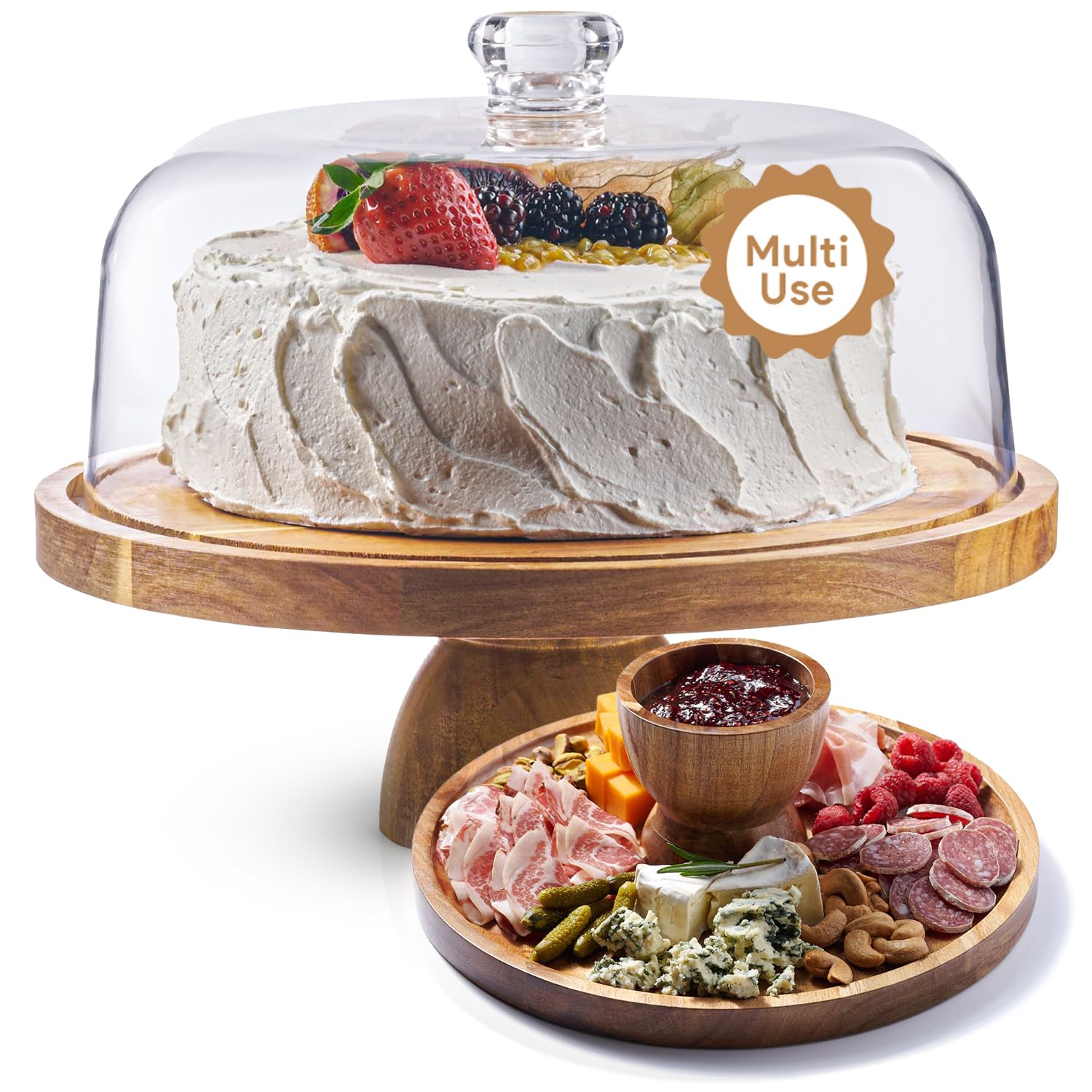 Homesphere Acacia Wood Cake Stand with Lid - Cake Stand with Dome,12in Round Cake Holder, 2-in-1 Dessert Table Display Set & Charcuterie Board for Cheese, Chips & Dips, Fruit Platter, Large Acrylic Cake Dome Cover