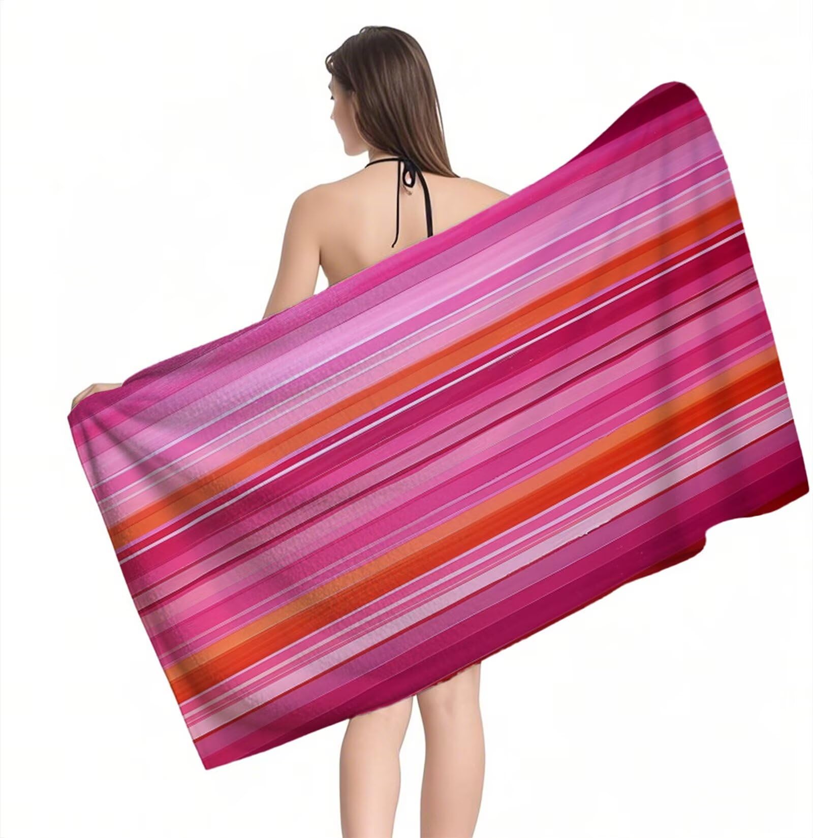 Strandtuch Gestreiftes Rosa Mikrofaser Handtuch Groß 220 x 100 cm, Saunahandtuch Schnell Trocknendes, Sandfreie Stranddecke, Saugfähiges Badetuch, Platzsparende Reisehandtuch, Sauna Zubehör Y1-221