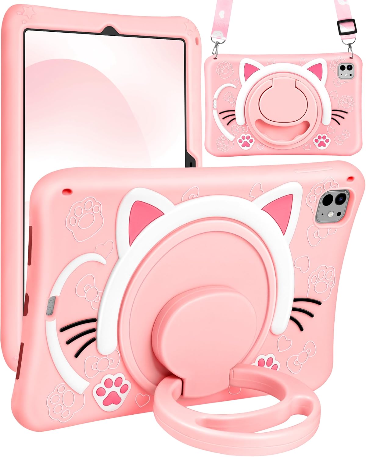 for iPad Pro 11 Inch Case 2024 Girls Cute Cat Kawaii Cover Girly 3D Cartoon Women Kitten with Rotating Handle Stand & Strap Soft Silicone Funda for iPad Pro 11 M4 Case Pink Cat for ipad pro 11 inch 2024