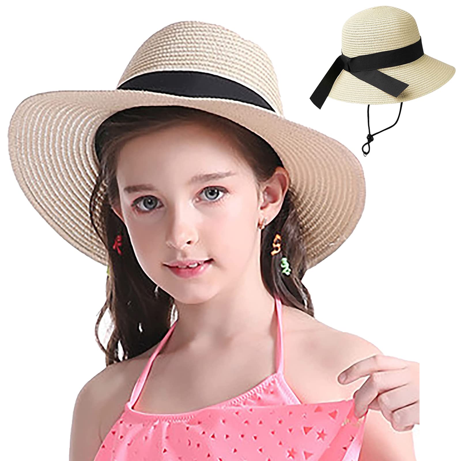 UTOWO Sombrero de paja flexible para niñas, sombrero de sol para adolescentes, gorra de playa de ala ancha UPF50+ (20.47 pulgadas para 2-5T, 21.25 pulgadas para 5-9T)