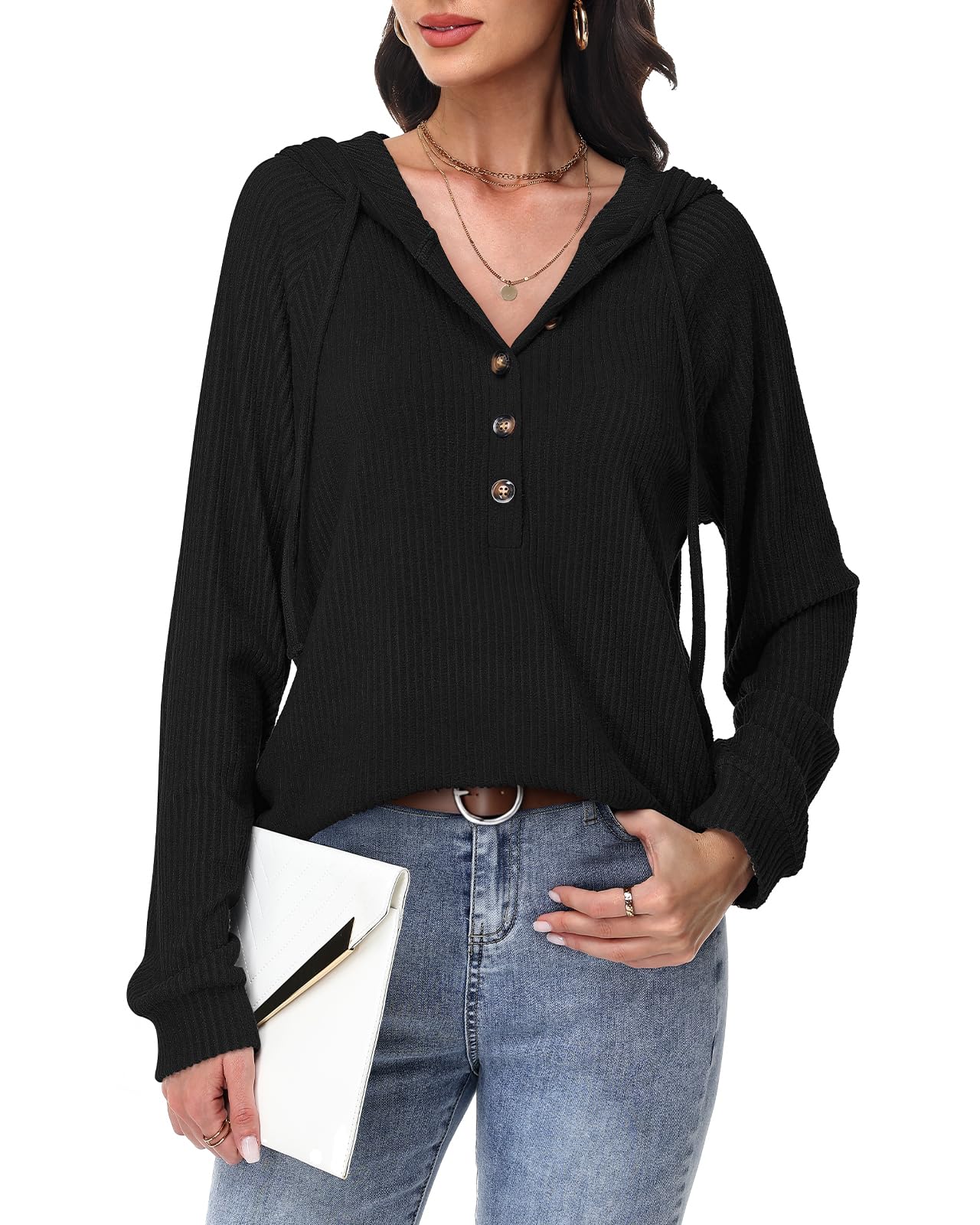 Tanmolo Pullover Damen Hoodie V-Ausschnitt Kapuzenpullover Knopfleiste Leichter Strickpullover Langarm Sweatshirt Tops