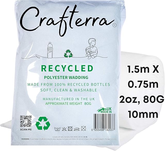 Recycled Wadding Batting Polyester Stuffing for Quilting Cushions Upholstery Art Crafts Sewing Padding sound deadening. Made in The UK from PL Bottles High Loft Antiallergenic 1.50mX0.75m 80g 2oz 10mm
