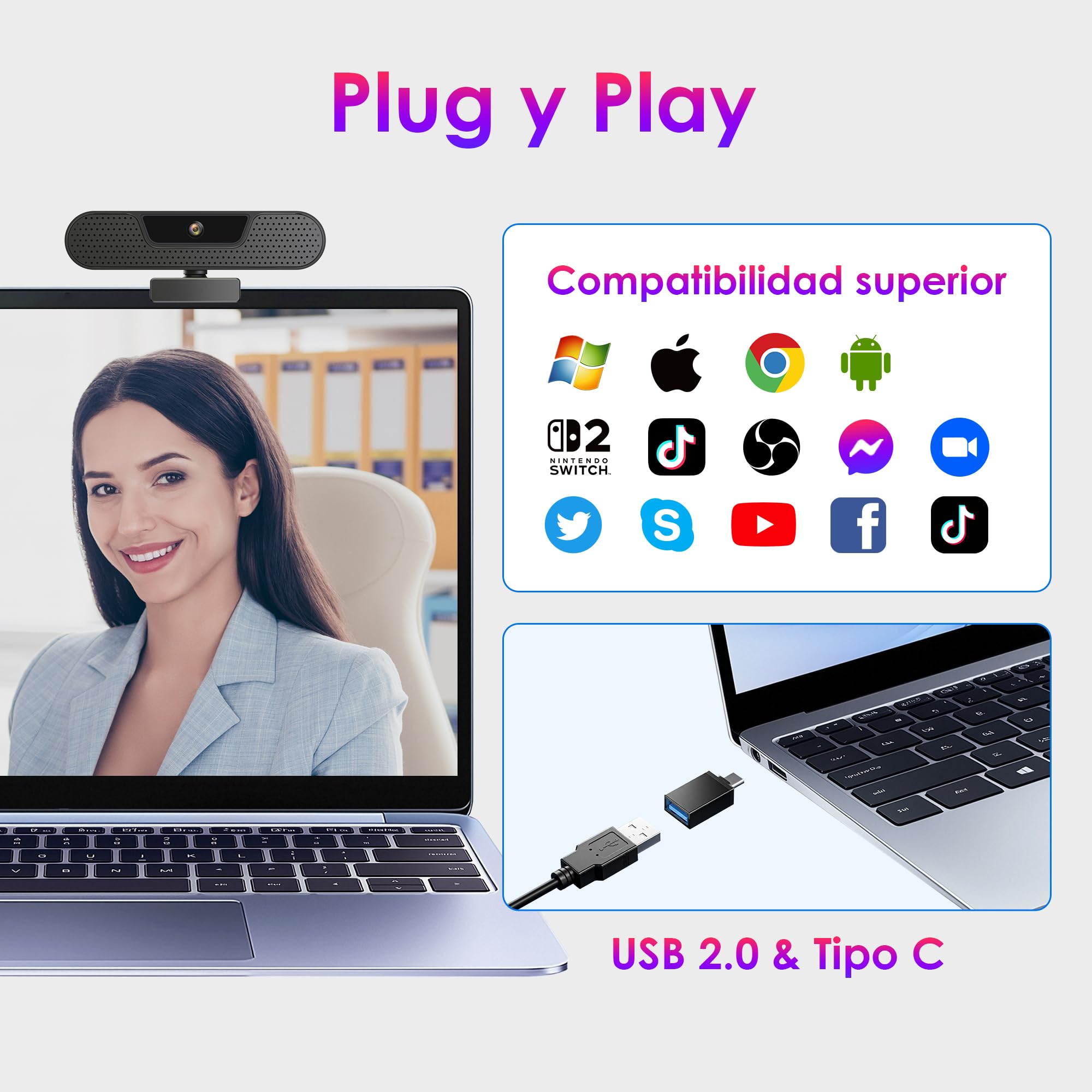 W8GS Webcam 4K Full HD Webcam con Microfono para PC, Protección de la Privacidad, trípode, Autofocus, Plug&Play, Corrección de Iluminación para Mac/Laptop/Skype/Zoom/FaceTime/Gaming