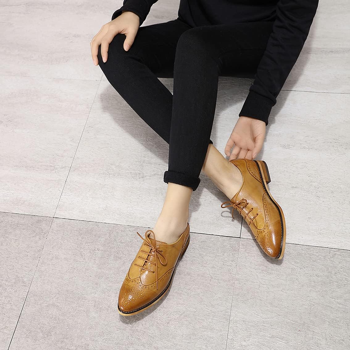 Mona flying Women's Leather Oxford Shoes Classic Wingtip Brogue Derby Flats