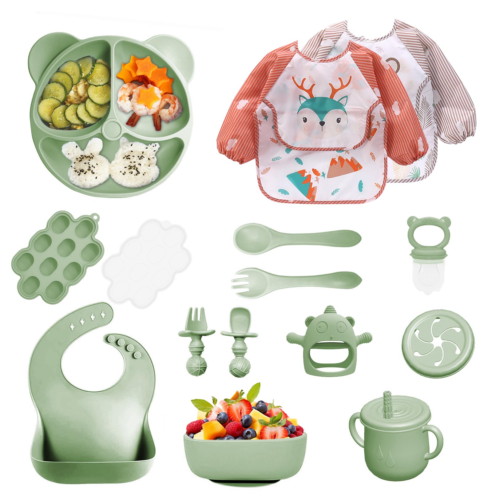 14 Pezzi Set Pappa Svezzamento, Svezzamento Set Silicone Piatto con Ventosa Piatto Ciotola Tazza Bavaglino Cucchiaio Forchetta, Set di Posate per Bambini per Lo Svezzamento e L'Alimentazione (Verde1)