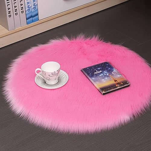 Miniatura 3 de Alfombra redonda de piel sintética con círculos de color rosa y esponjosa, alfombra circular de felpa para el suelo, para dormitorio, sala de estar,