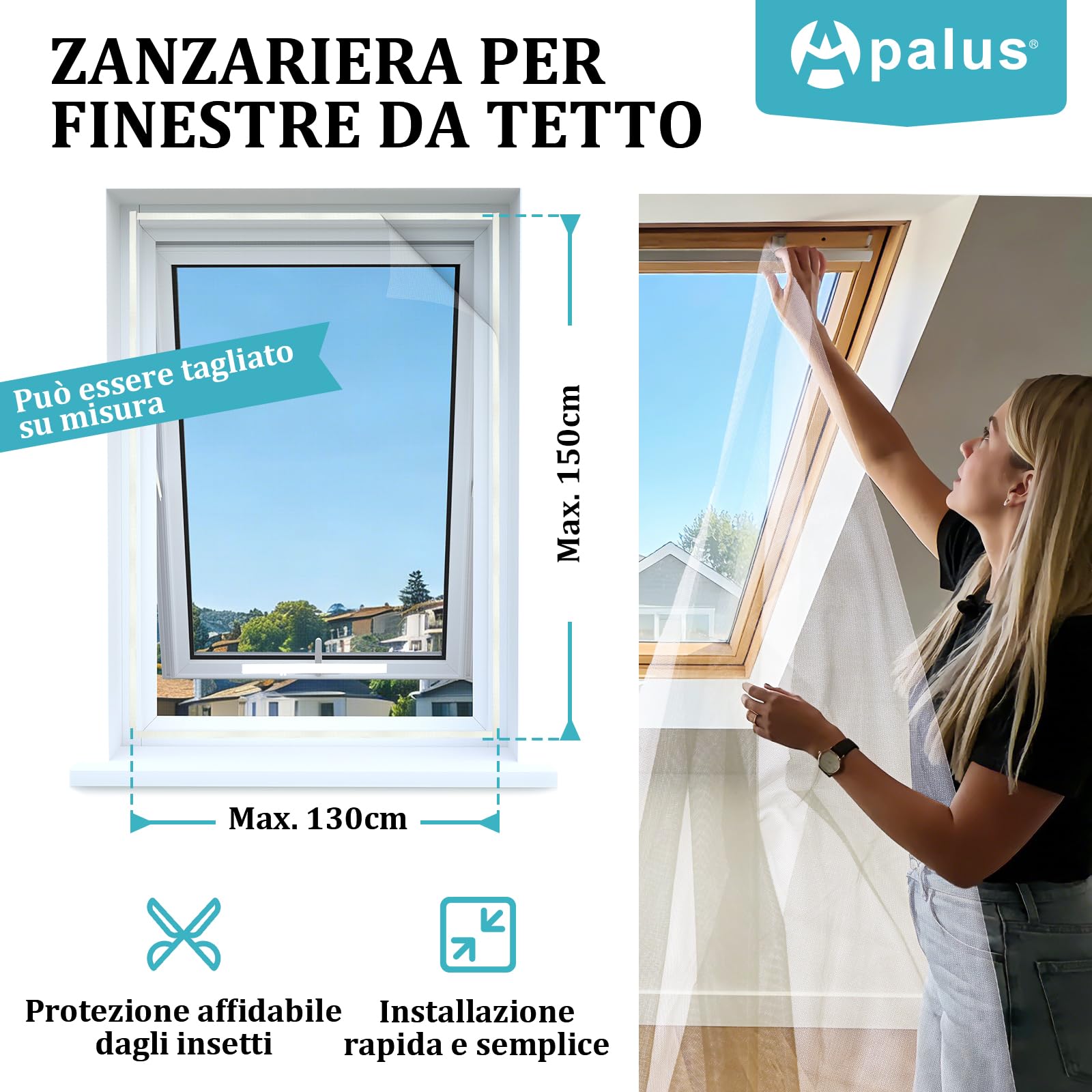 Apalus Zanzariera per Finestre 130x150CM con Zip per Accesso All'Esterno, Adatta per Finestra a Battente, con Taparelle o Persiane, Finestre a Bilico o Lucernari, Bianco, 1 Pezzo