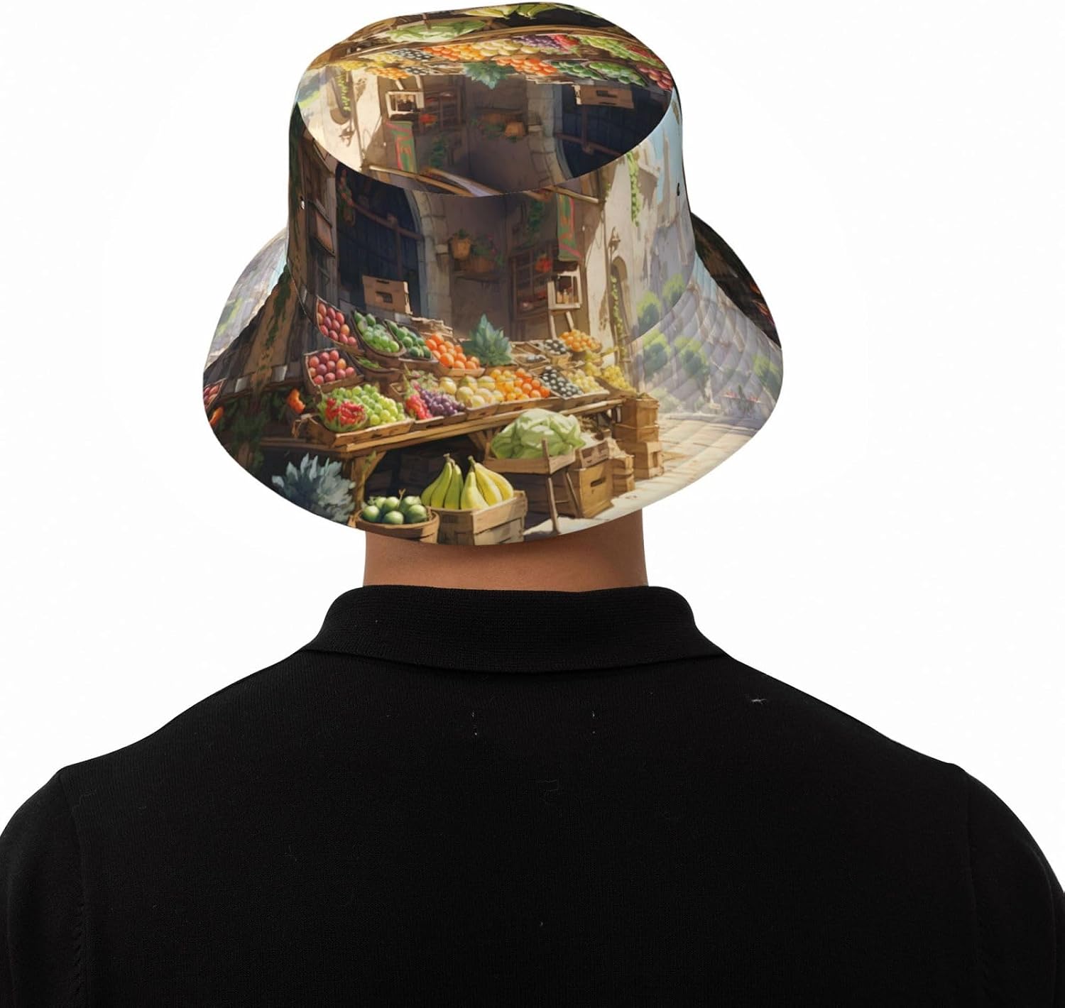 Fruit stall Prints Summer Outdoor Travel Bucket hat, a Beach Sun hat Suitable for Both Men and Women Black