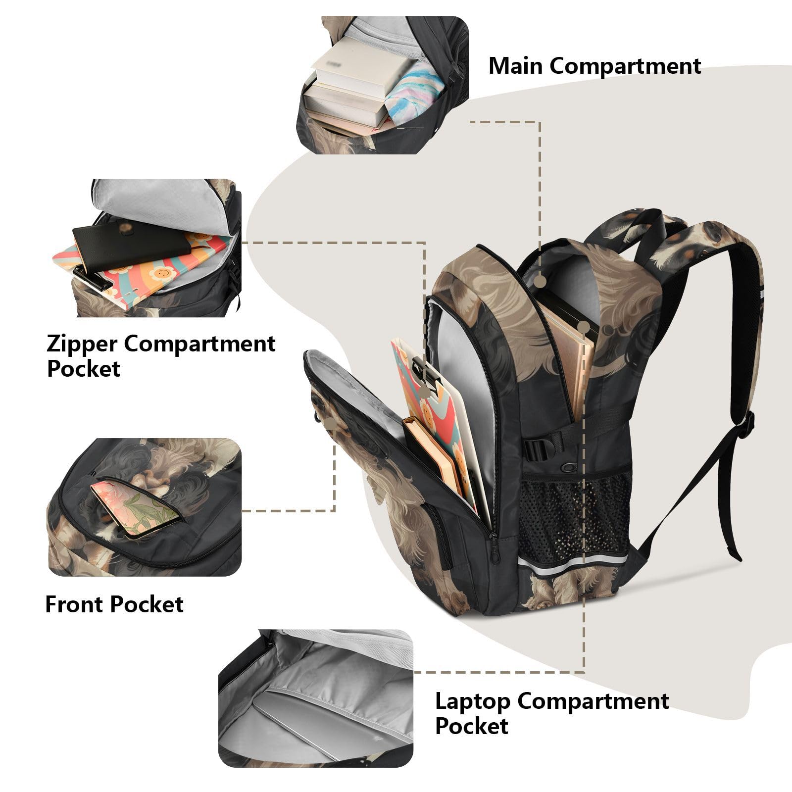 Zaini per computer portatile, borsa da lavoro universitaria con cane, 44,5 cm
