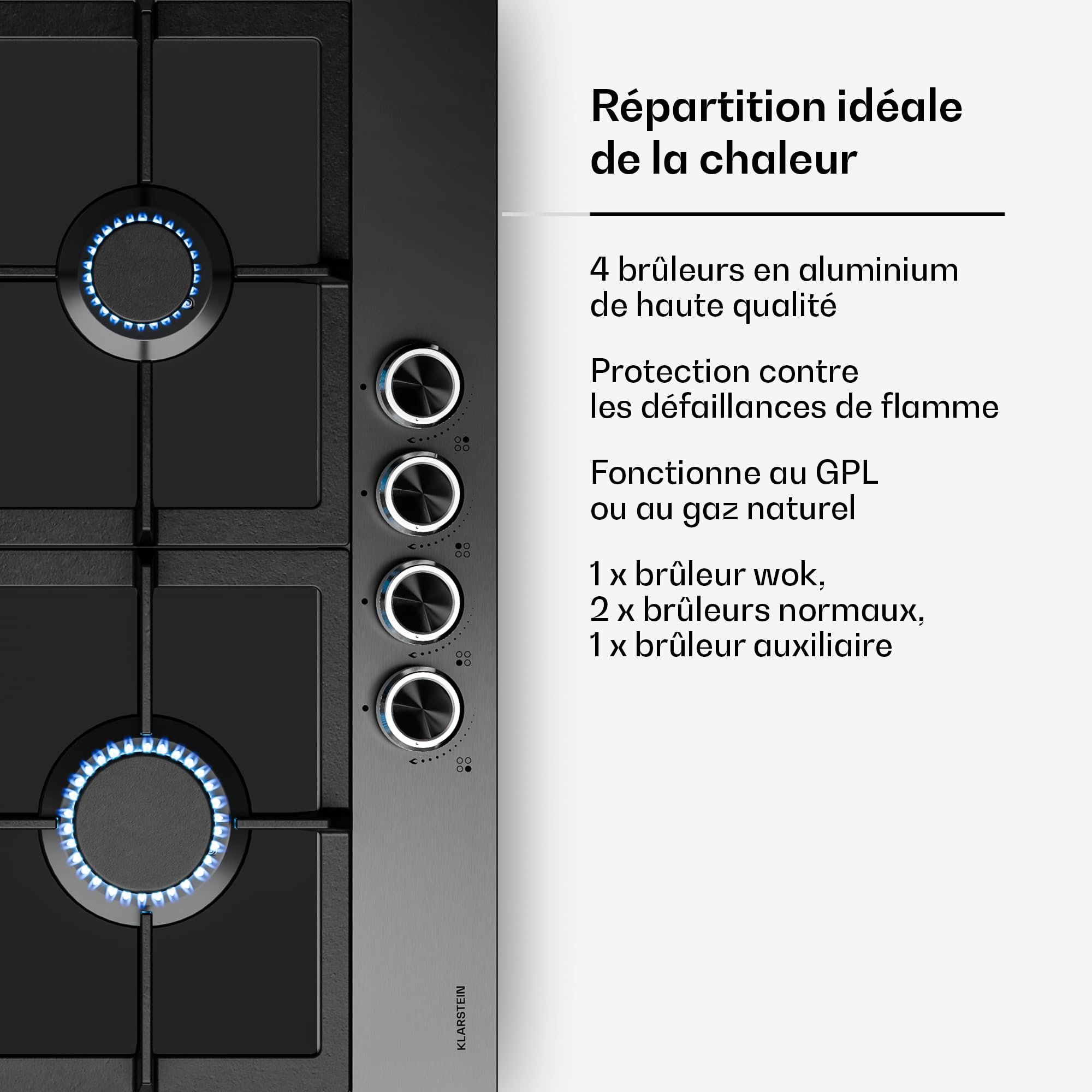 Klarstein Verosteel Plaque de Cuisson Gaz 60cm - 4 Brûleurs 8000W, Verre & Inox, Allumage Électrique, Sécurité Anti-Flamme, GPL & Gaz Naturel, Kit Inclus, Acier inoxydable noir