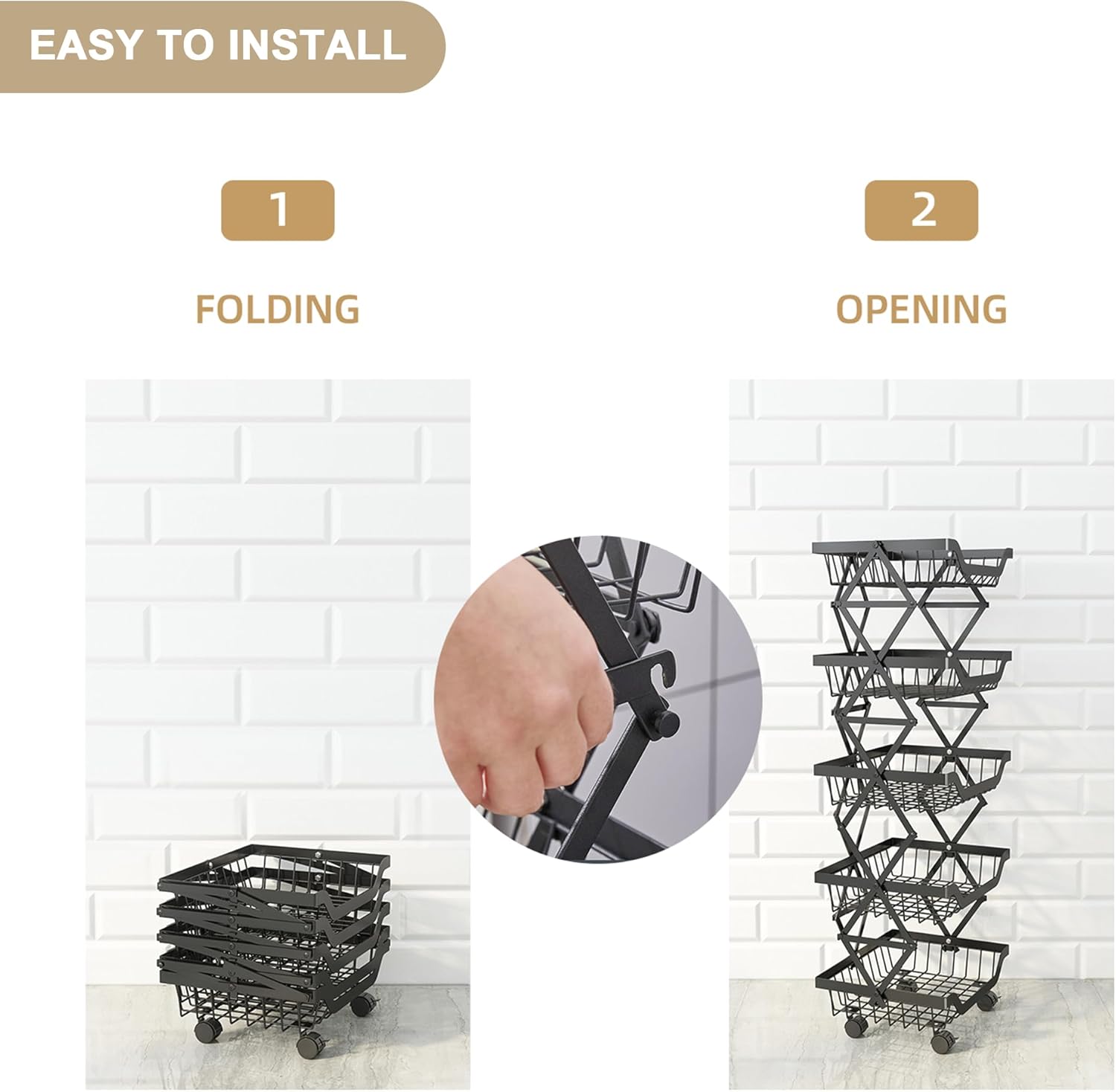 Fruit Basket for Kitchen, Heavy-Duty Metal Storage Rack on Wheels, Multi-Purpose Folding Basket Organizer Shelving for Kitchen, Bathroom, Bedroom, or Pantry, Adjustable & Space-Saving (4-Tier)