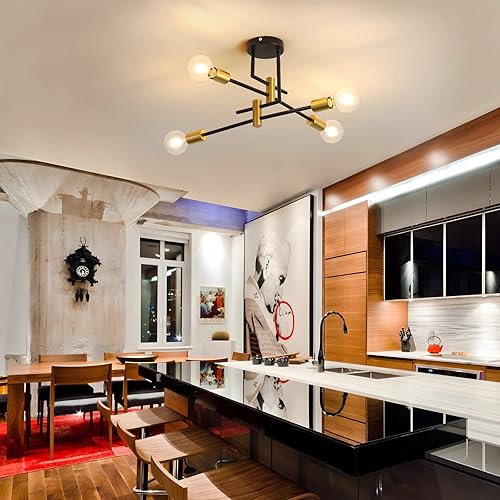 Miniatura 5 de DELIPOP Sputnik - Lámpara de techo Sputnik moderna de 4 luces negras y doradas, lámpara de techo E26 de metal industrial semiempotrada para