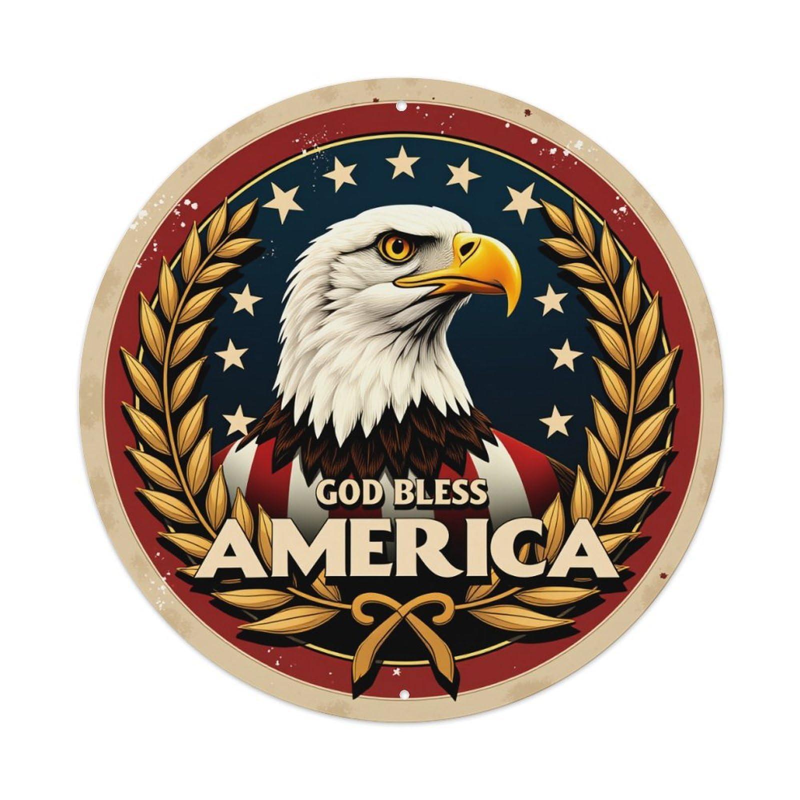 Eagle Stars Laurels Flag Text Round Tin Sign Vintage Metal Poster, Home Bar Garage Man Cave Cafe Indoor & Outdoor Wall Decoration 8x8Inches