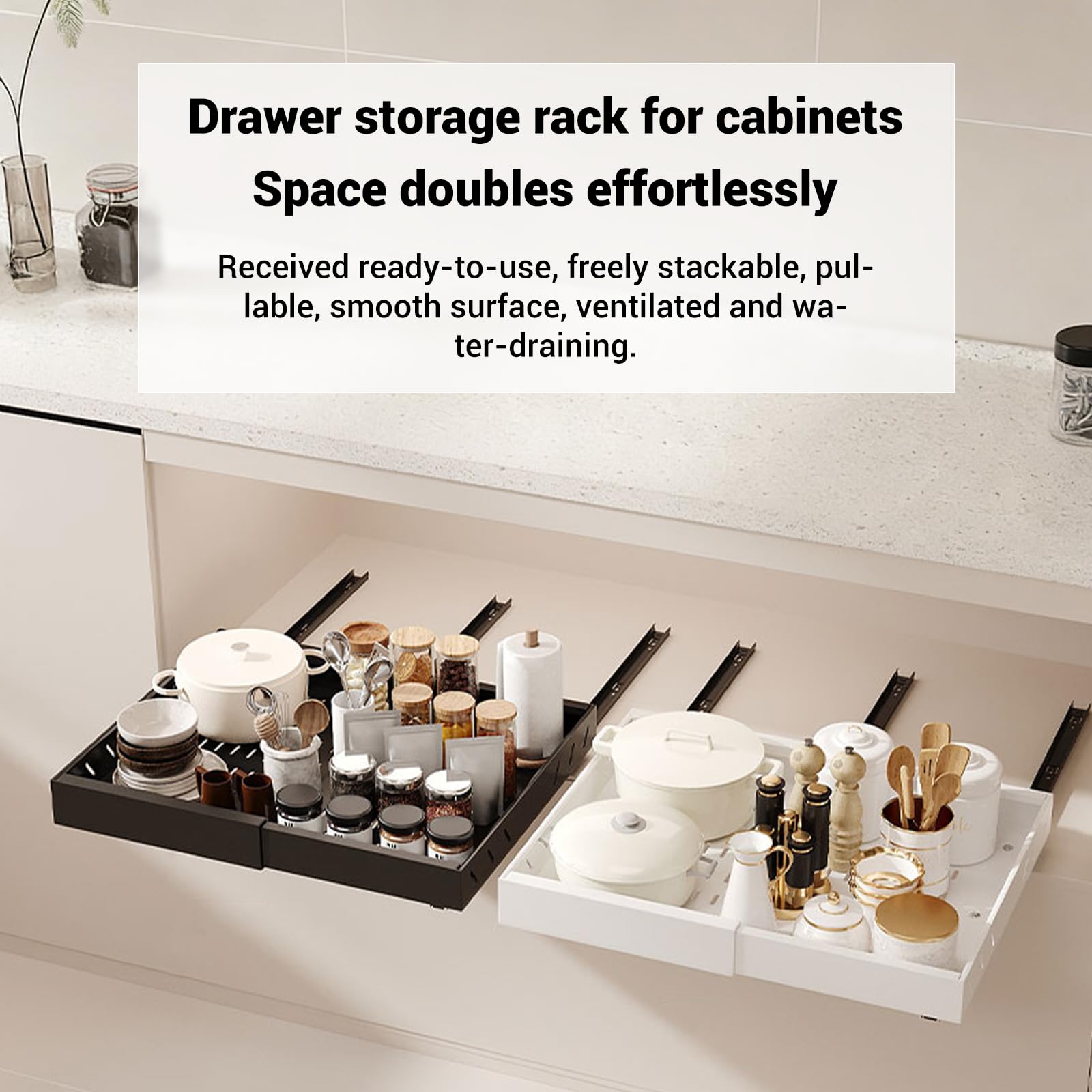 Garvee Organisateur Placard Extensible Ajustable, Panier Rangement En Acier Carbone Antirouille, Plateau Extractible Avec Rails Silencieux, Pour Placard Profond, Sous Évier, Ustensiles Et Épices