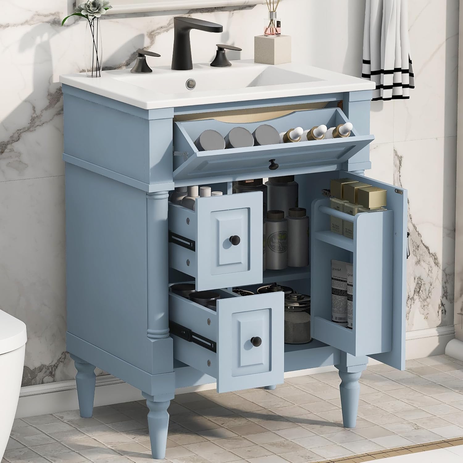 24 IN Small Bathroom Vanity with Sink ,Tip-Out Drawer, Doors& Storage Rack, Solid Wood & MDF Mid Century Modern Single Bathroom Vanity Sink Cabinet with Drawers & Adjustable Shelf (24 IN,Blue Grey)