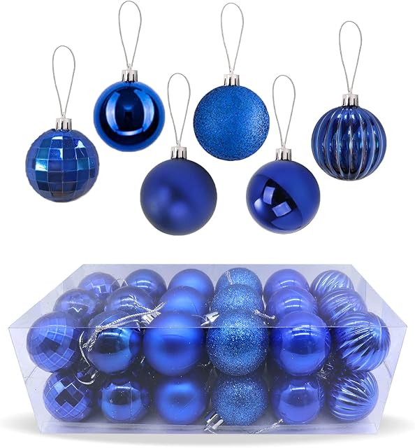 Zueyen 36-Pack Christmas Balls Decoration, Christmas Tree Baubles Hanging Shatterproof Ball, Shiny & Glitter with Hanging Loop for Xmas Tree, Wedding, Party, Holiday(Blue)