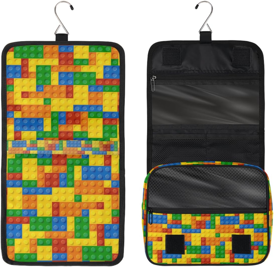 AUUXVA Kids Hanging Toiletry Bag for Boys - Waterproof Travel Cosmetic Organizer Makeup Pouch for Girls Shower Wash Bags with Hanging Hook Toiletries Storage Bag(Colorful Building Blocks) - Image 5