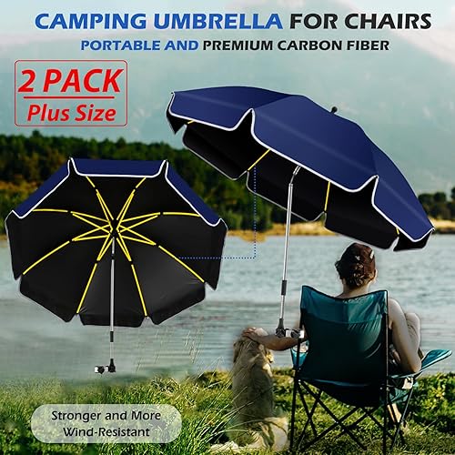 Miniatura 5 de Paquete de 2 paraguas de playa grande de 48.8 pulgadas con abrazadera para silla de playa, protección UV ajustable de 360, paraguas de golf con clip