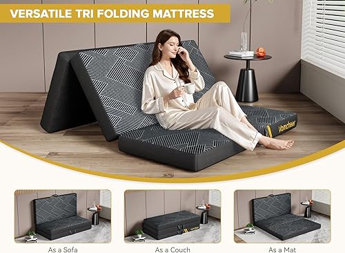 Miniatura 8 de Vamcheer Colchón plegable tamaño individual, colchón plegable de 4 pulgadas, tapete de espuma viscoelástica de triple pliegue con una funda plegable