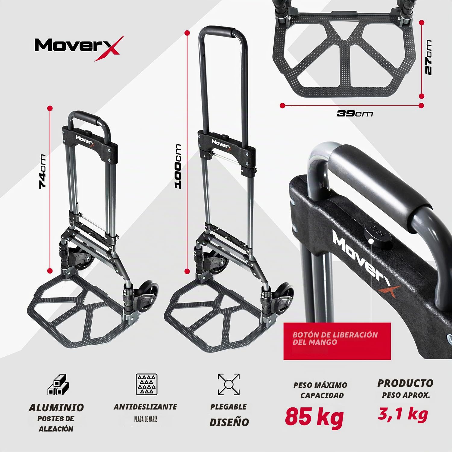 MoverX Carretilla de mano plegable de aluminio, Traspaleta Manual, Soporte con Ruedas, Carro de Mano Resistente, Carrito de Transporte Multiusos, 85 kg